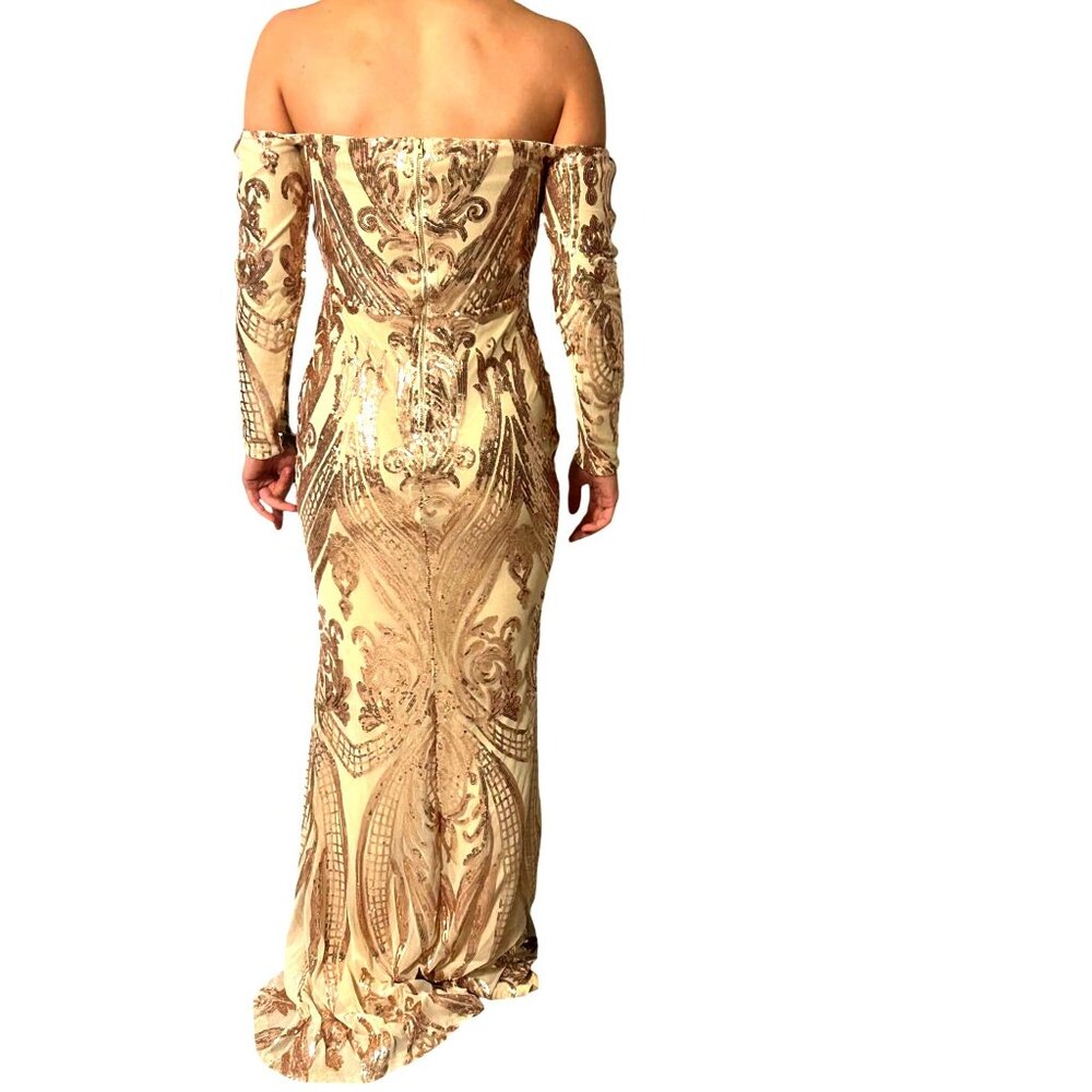 Miss Ord Gold Sequin Formal Gown Off-Shoulder Long Sleeves & Train Bodycon Small - Picture 2 of 9